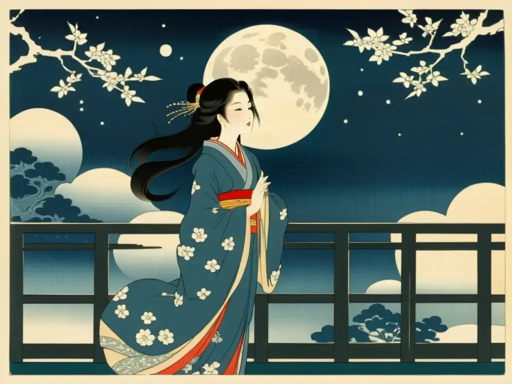 Princesa de la Luna mitología japonesa: Kaguyahime en un balcón bajo la luz etérea de la luna llena, con kimono elegante y misteriosa atmósfera