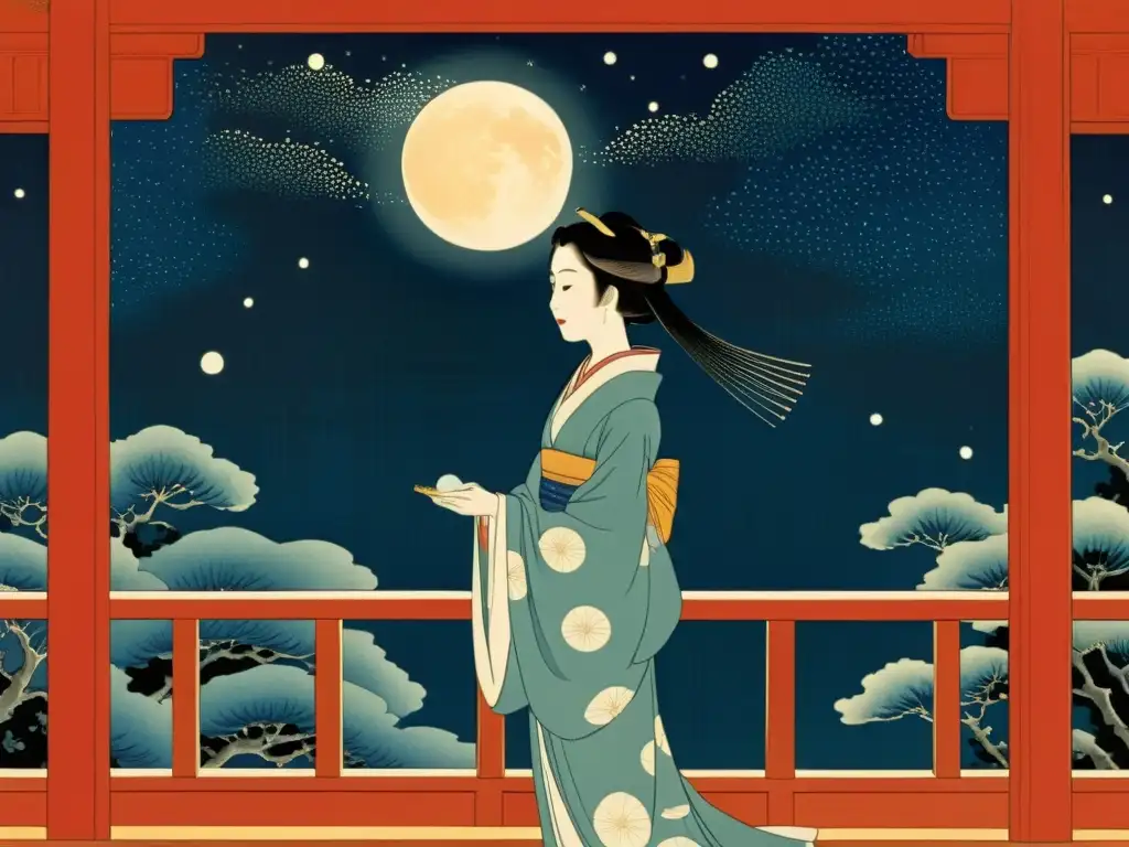 Princesa de la Luna mitología japonesa: Princesa Kaguya en su palacio celestial, iluminada por la luz de la luna, evocando serenidad y misticismo