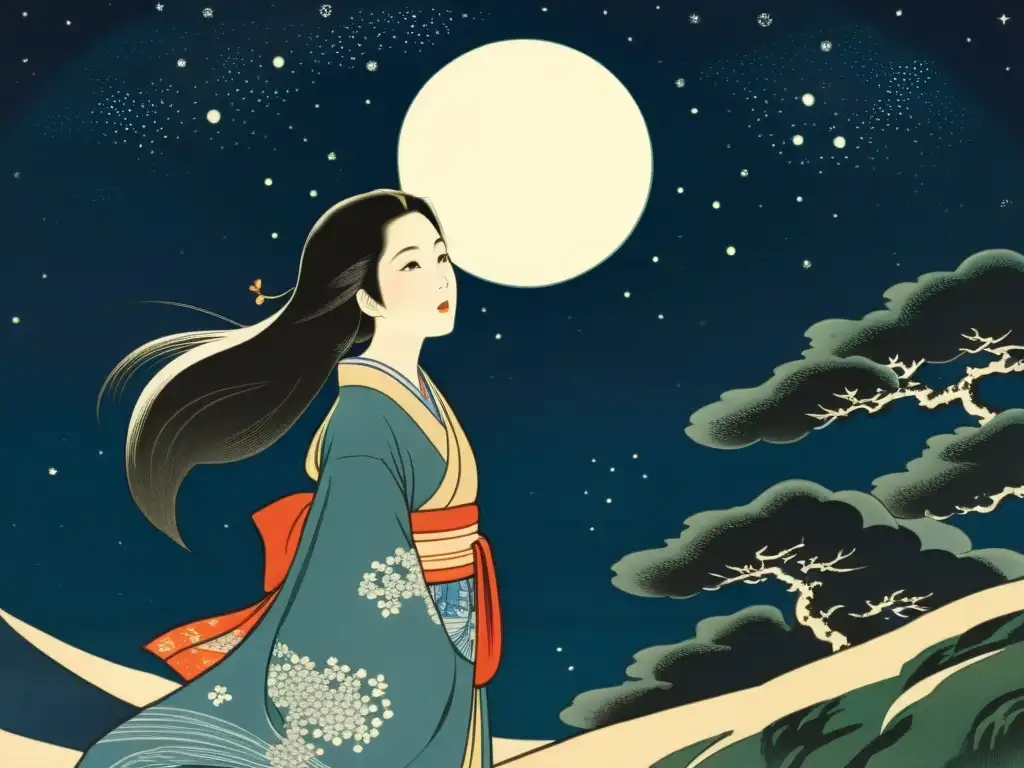 Princesa de la Luna en la mitología japonesa: Kaguya contempla la noche en la colina iluminada por la luna, sus ropas ondean al viento