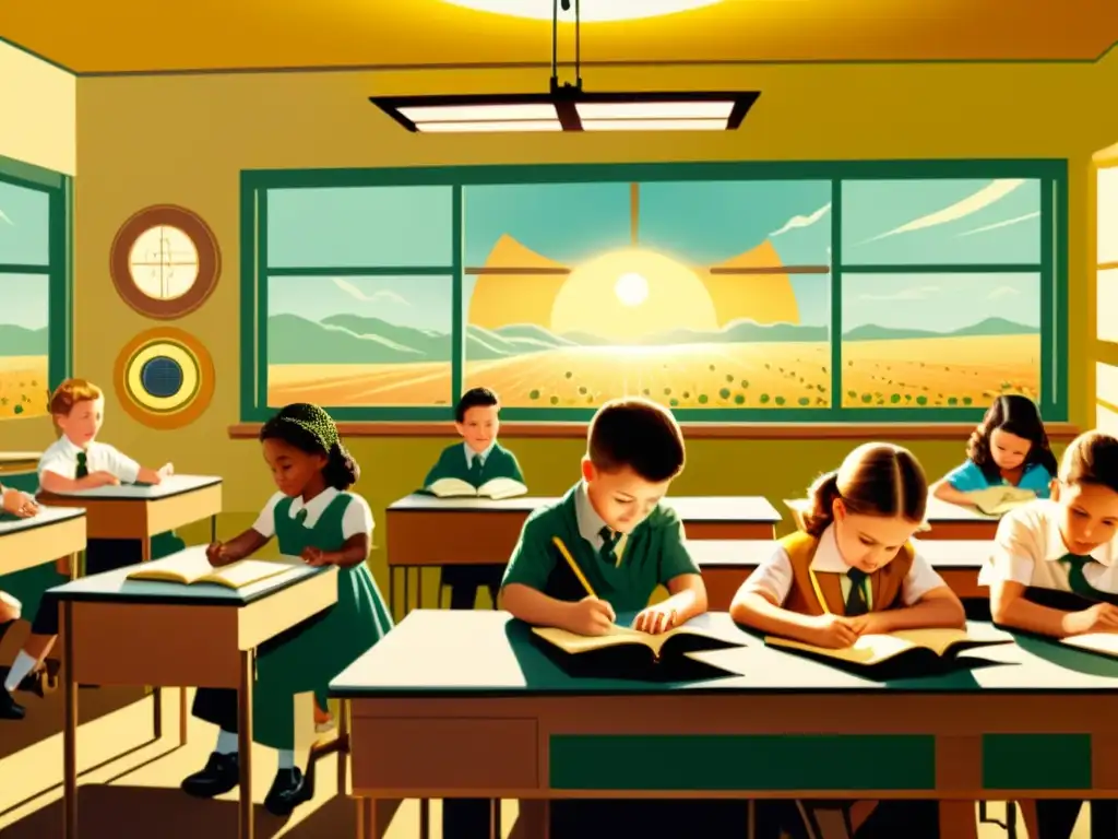 Programas educativos de observación solar segura en un aula vintage con estudiantes y un profesor, creando un ambiente cálido y nostálgico