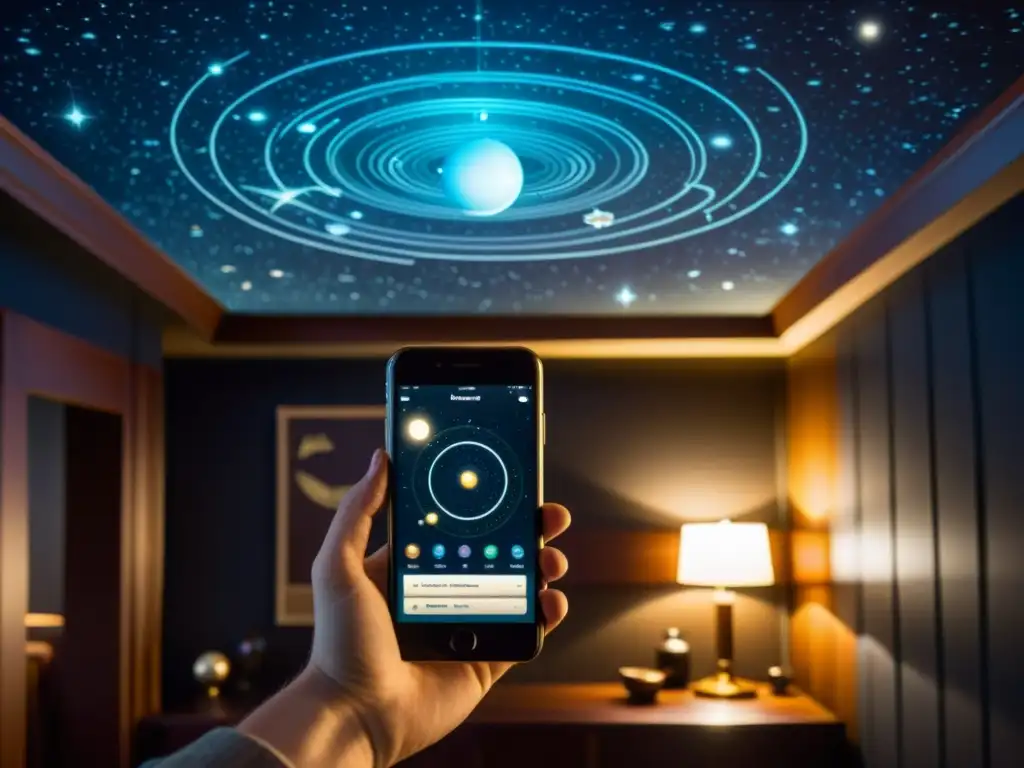 Proyección de app planetario móvil en habitación oscura con ambiente retro y atmósfera cósmica cautivadora