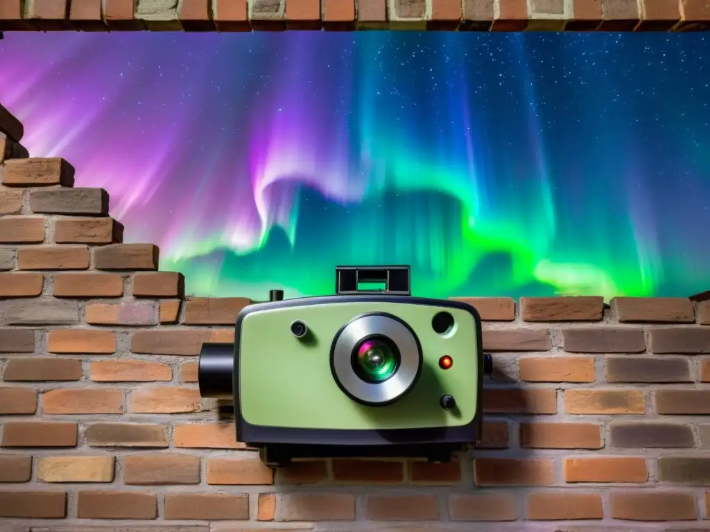 El proyector de cine proyecta una aurora boreal de tonos verdes sobre una pared de ladrillo, creando una imagen hipnótica