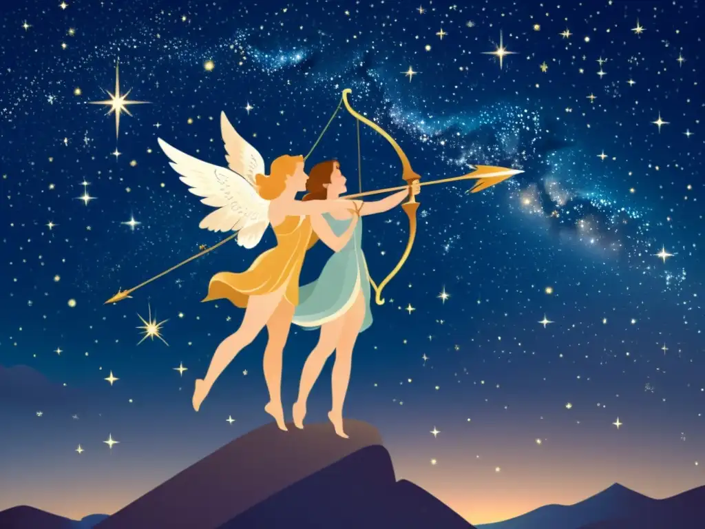 Una ilustración vintage de Cupido y Psique bajo un cielo estrellado, rodeados de constelaciones y galaxias