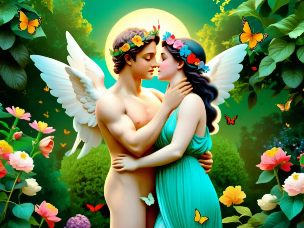 Una ilustración vintage muestra a Cupido y Psique en un jardín exuberante, exudando un amor inmortal en mitología