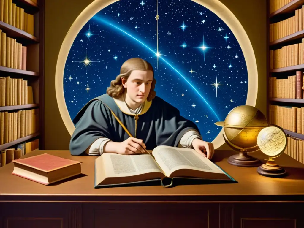 Ptolemy estudia las estrellas en una biblioteca ornamentada, rodeado de herramientas astronómicas antiguas y mapas, capturando la esencia de la estructura de las constelaciones en la mitología clásica