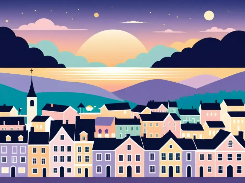 'Ilustración vintage de un pueblo nórdico celebrando las 'noches blancas' con música, baile y coloridas casas