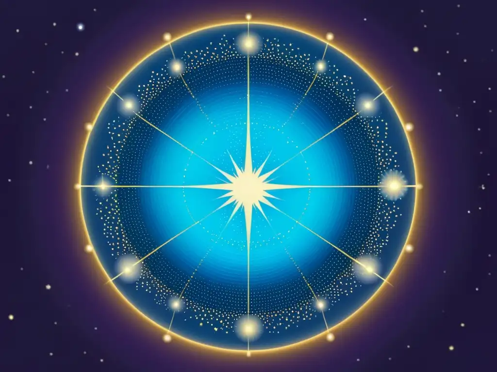 Una ilustración vintage de la constelación Corona Borealis, con Alphecca como punto focal, en tonos azules, púrpuras y dorados, evocando conocimiento astronómico y maravilla antigua