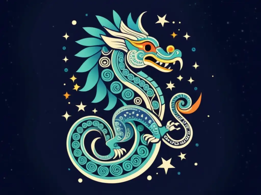 Quetzalcóatl, la serpiente emplumada, en el cielo nocturno con patrones estelares, evocando la mitología asociada con estrellas