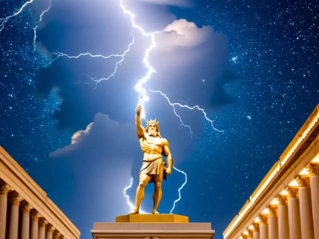 Zeus lanza un rayo en un cielo estrellado, mientras figuras mitológicas lo observan con asombro y temor