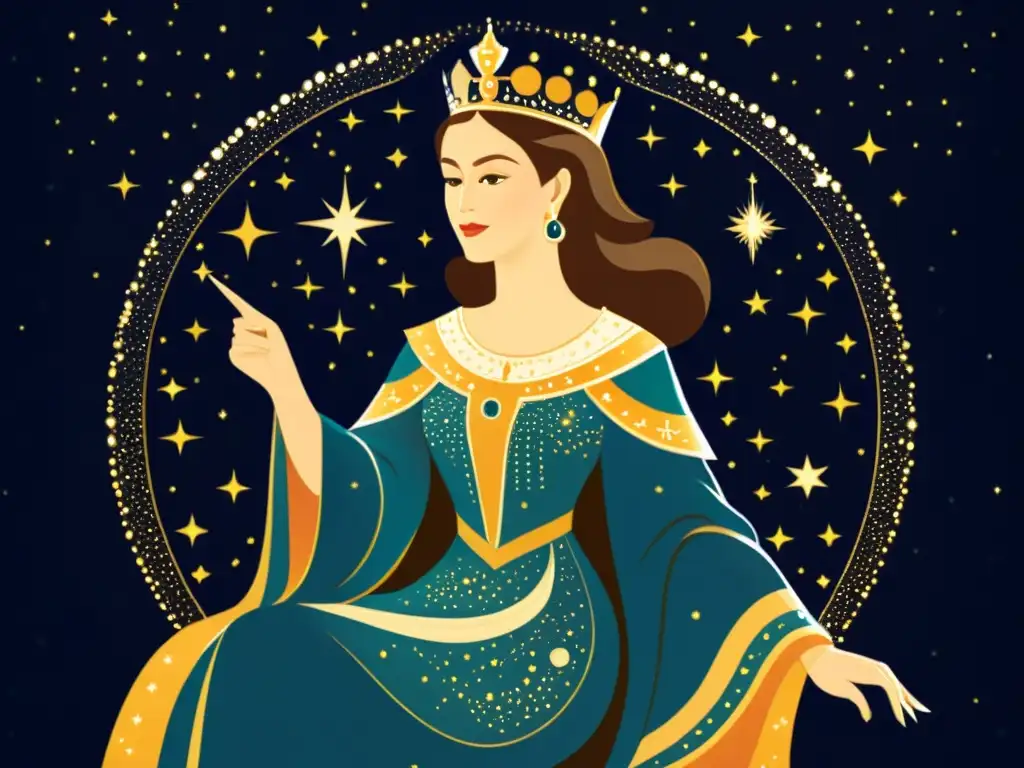 La reina Cassiopeia en su trono celestial, rodeada de estrellas y constelaciones, con una expresión serena