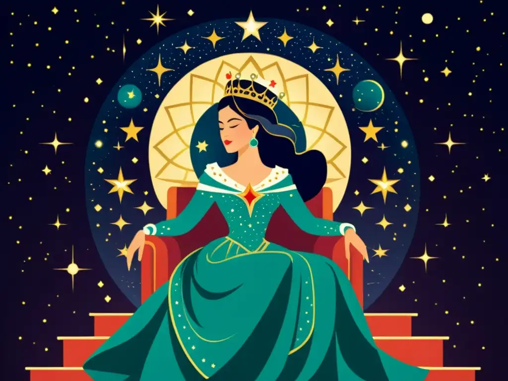 La reina Cassiopeia en su trono rodeada de estrellas y elementos celestiales