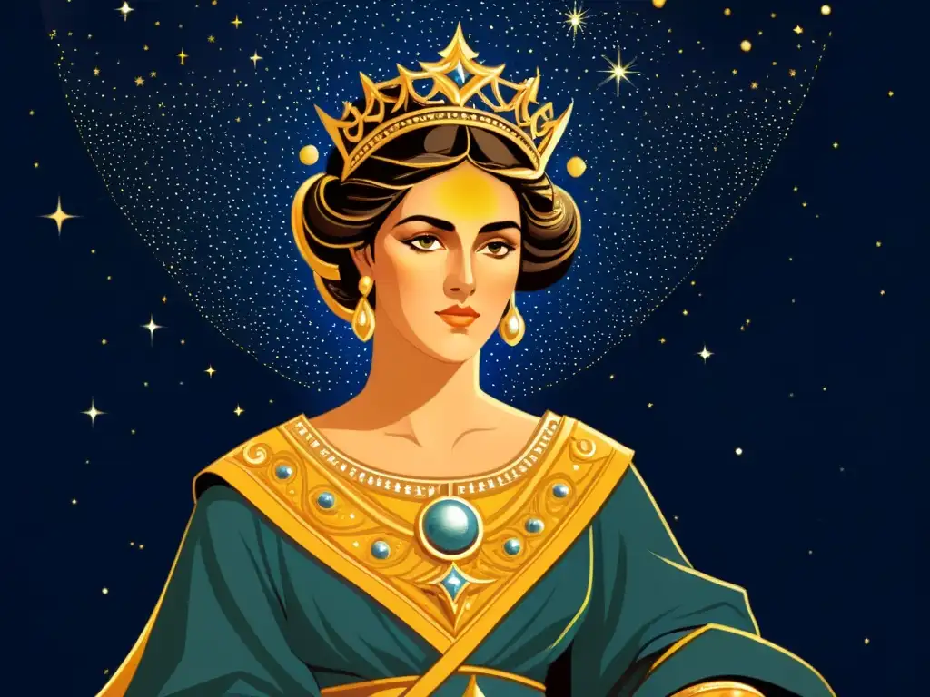 La reina griega Cassiopeia, inmortalizada como constelación, con bordados dorados y un semblante real