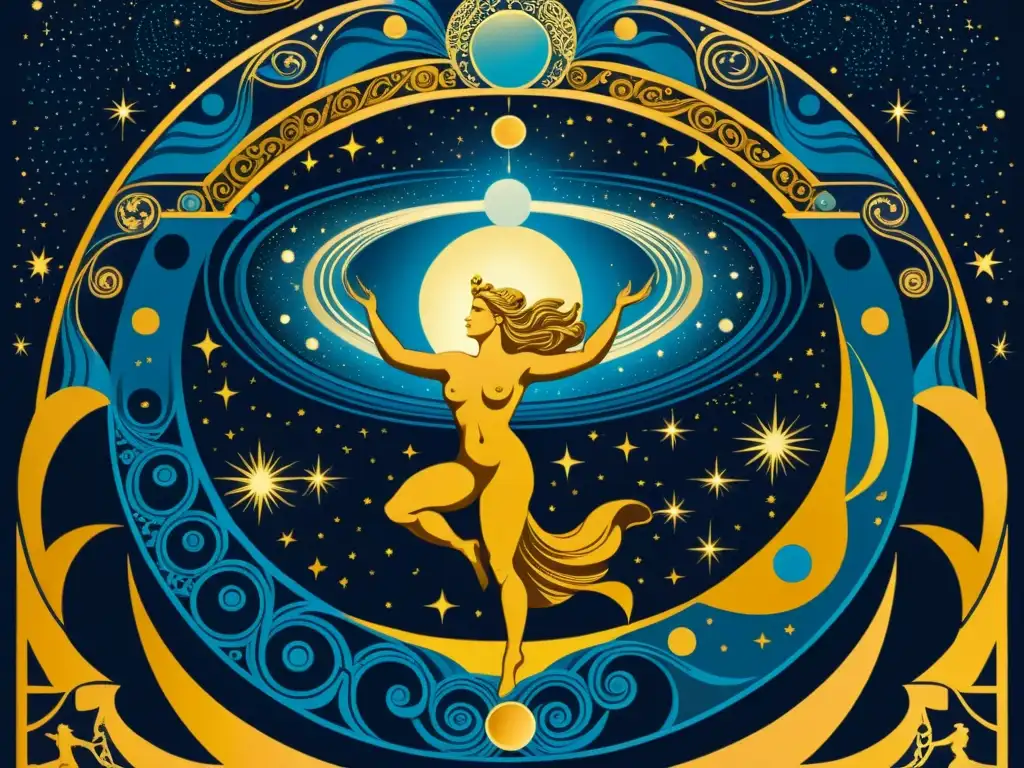 Relatos mitológicos griegos creación cosmos: Ilustración vintage detallada de la creación del cosmos con Gaia y Uranus, rodeados de elementos cósmicos