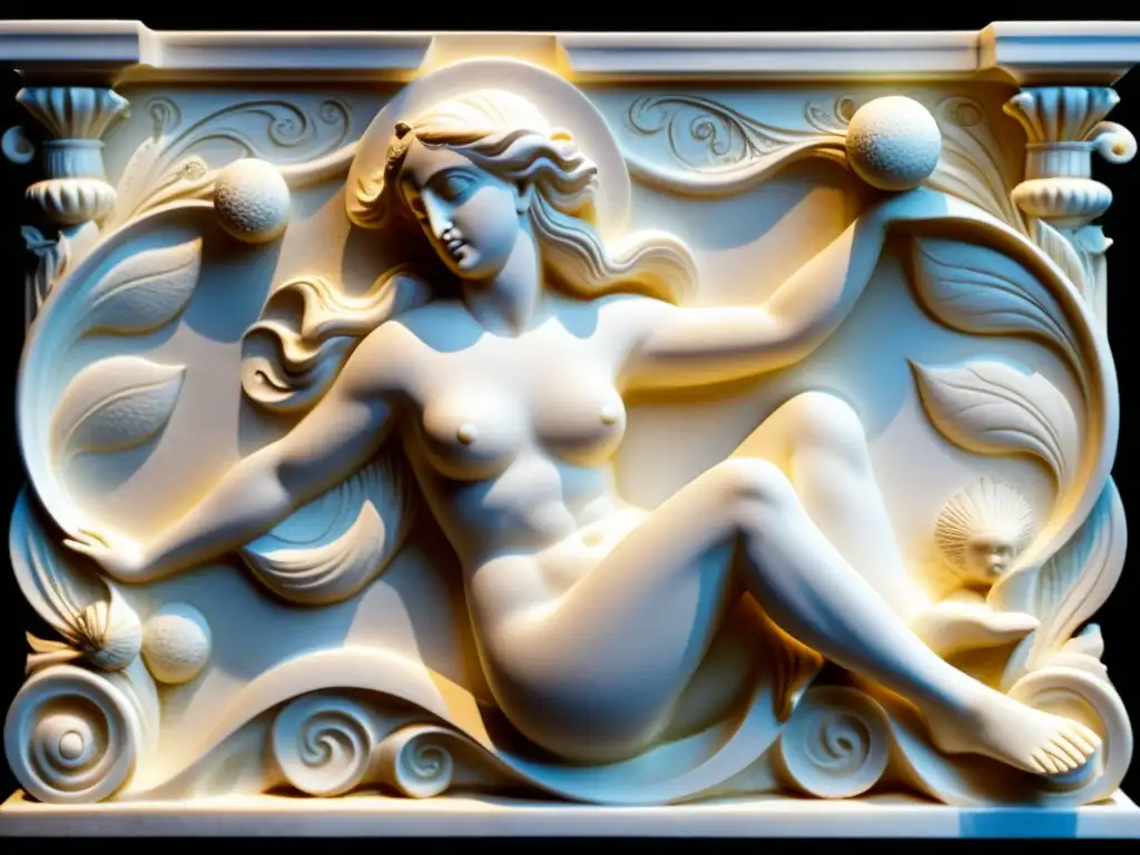 Nacimiento de Afrodita: Relieve de mármol grecorromano Relieve de mármol griego antiguo representa el nacimiento de Afrodita del mar, con detalles intrincados en las olas y la diosa emergiendo