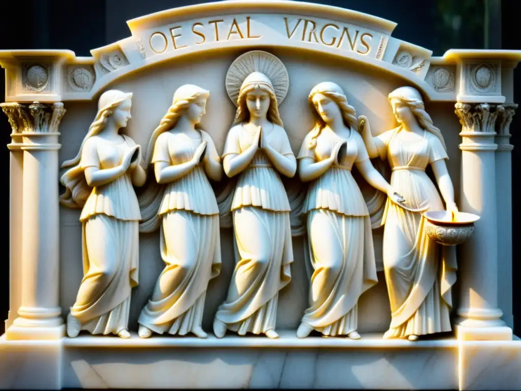 Relieve de mármol de las Vestales en Roma realizando rituales sagrados junto al fuego eterno de Vesta, con detalles impresionantes