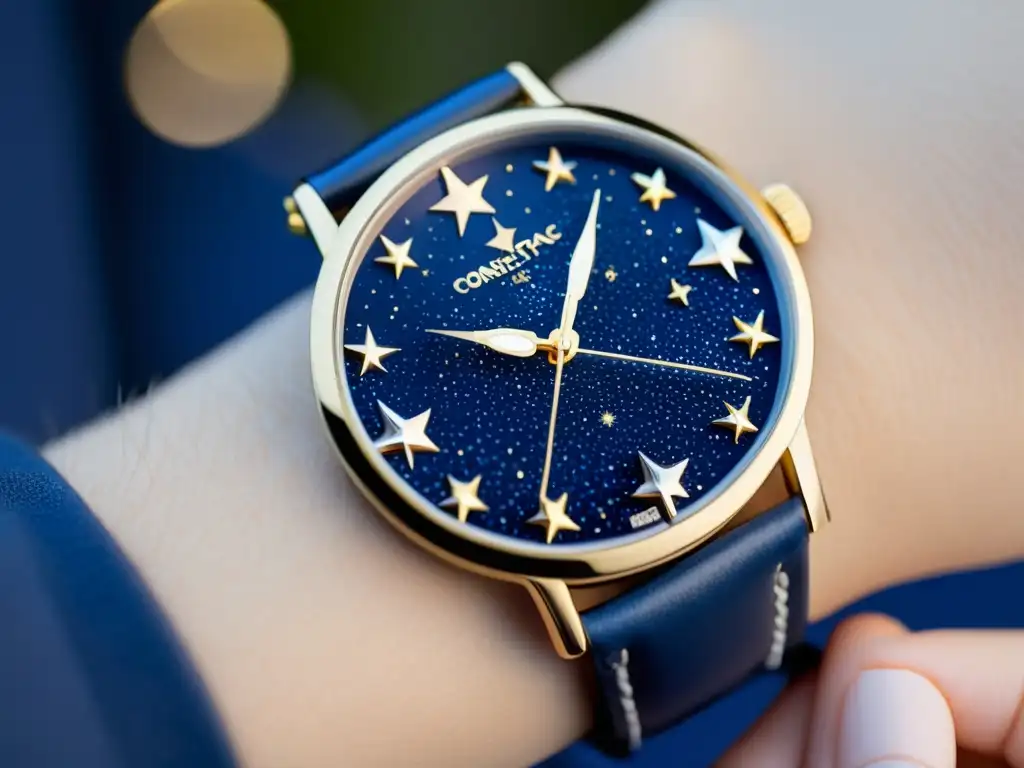 Reloj inspirado en constelaciones con diseño celestial en azul profundo, evocando la magia estelar