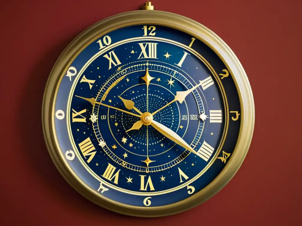 Un reloj de pared vintage con diseño de mapa celeste, constelaciones y estrellas en colores profundos, rodeado de un marco de latón