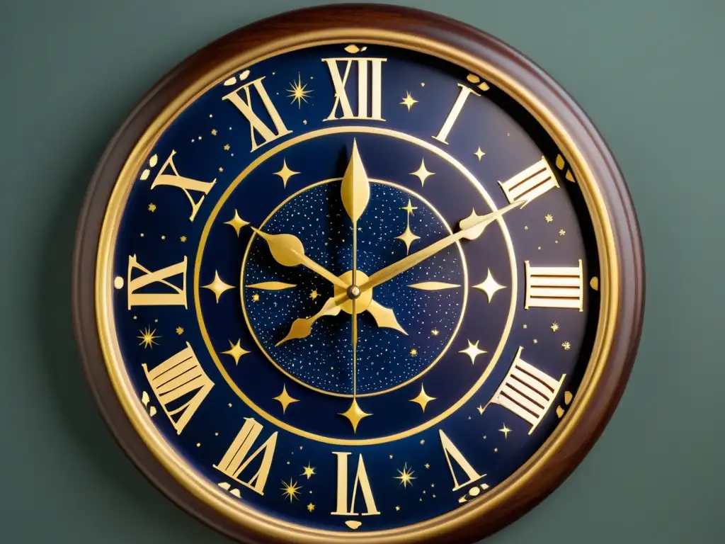 Un reloj de pared vintage con diseño de mapa celestial, constelaciones y cuerpos celestes en tonos dorados y azul marino