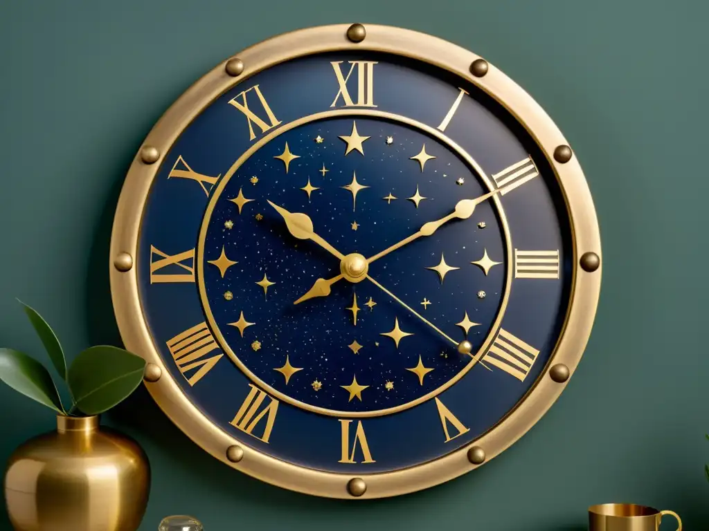 Un reloj de pared vintage con diseño celestial, constelaciones detalladas y acabado en latón envejecido