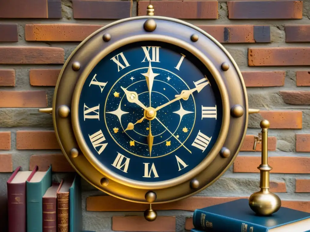 Reloj de pared vintage con diseño de mapa celestial y constelaciones, junto a un telescopio y libro antiguo sobre astronomía