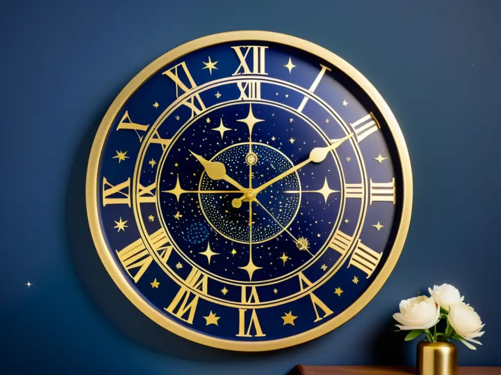 Reloj de pared vintage con diseño de mapa celestial, constelaciones en tonos dorados y azul marino, y marco ornamental dorado