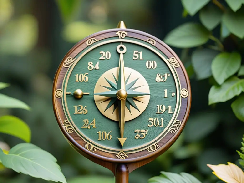 Un reloj de sol artesanal de estilo vintage, con detalles en madera y latón, en un exuberante jardín bañado por cálida luz solar