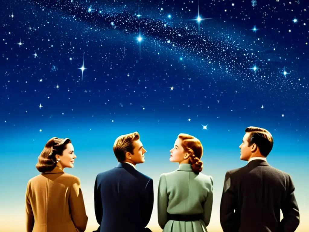 Representaciones de constelaciones en el cine: Actores admirando el cielo estrellado en un póster vintage