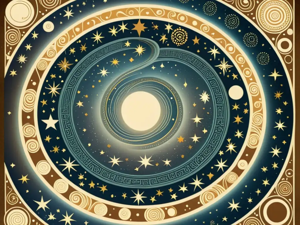 Representaciones de la Galaxia Antigua: Ilustración vintage de la Vía Láctea con detalles celestiales y motivos antiguos, evocando sabiduría y asombro