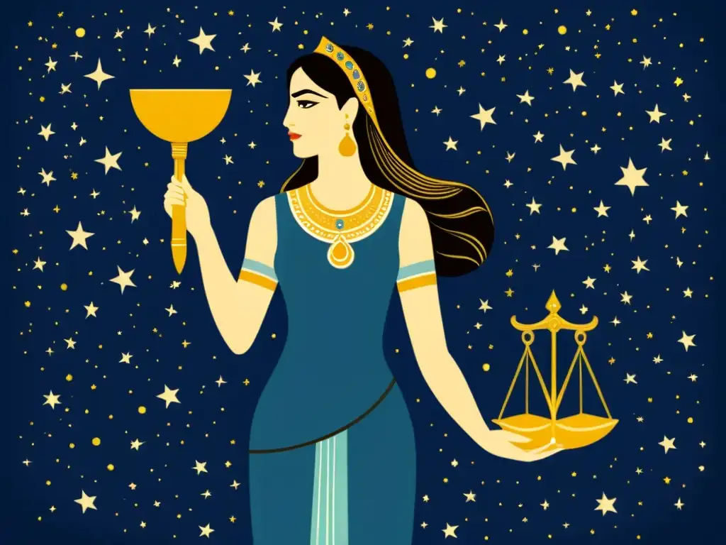 Representaciones de Libra en el Mundo Antiguo: Ishtar sostiene las balanzas bajo un cielo estrellado, evocando misticismo y significado cultural