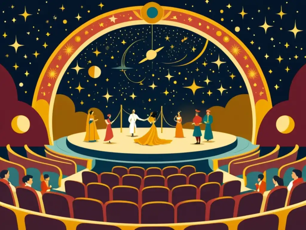 Representaciones mitos estelares teatro: Ilustración vintage de escena celestial en teatro, actores constelaciones, público multicultural admirando