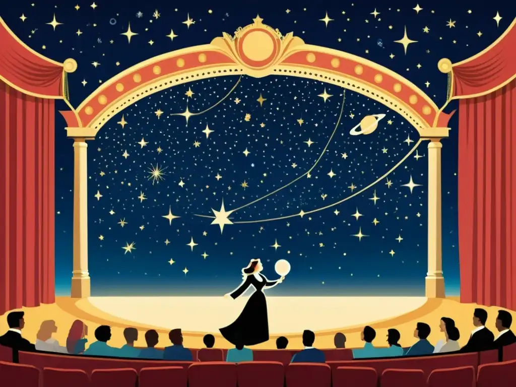 Representaciones mitos estelares teatro: Ilustración vintage del cielo nocturno con constelaciones, escenario teatral y actuación celestial