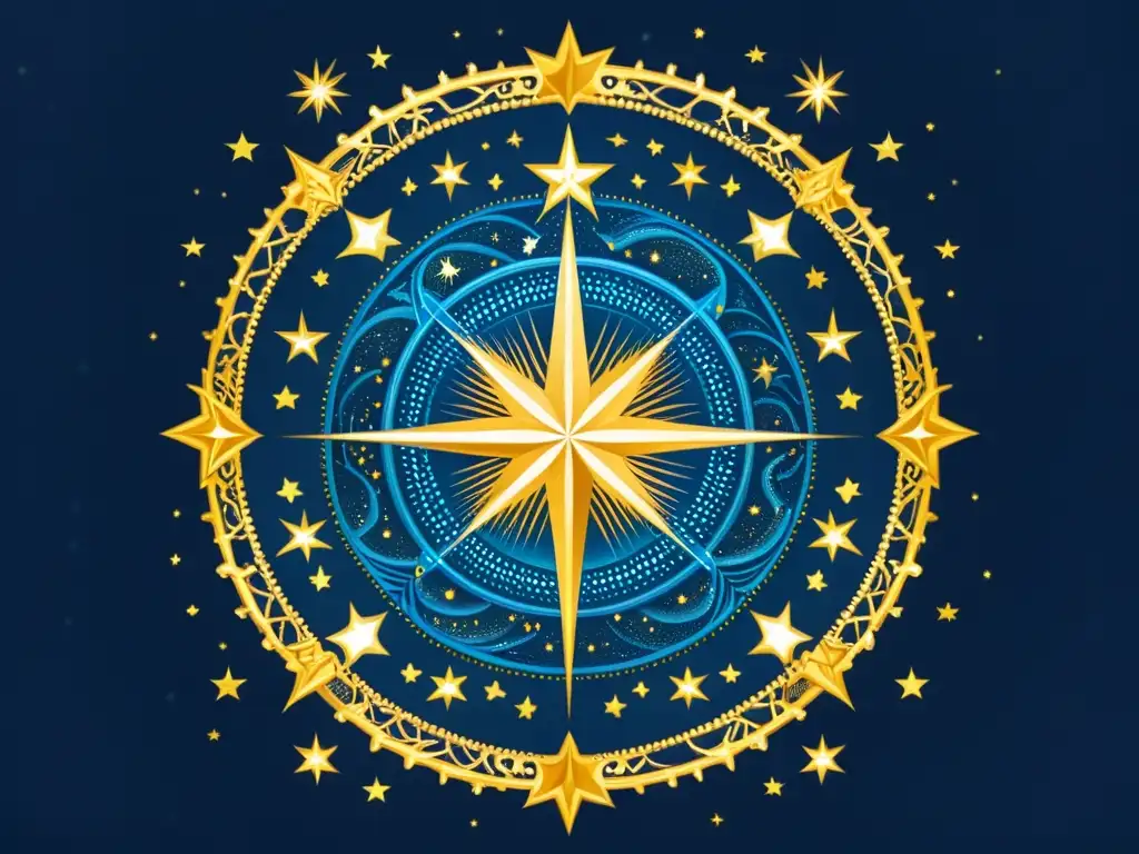 Una ilustración vintage de la constelación Corona Borealis, con Alphecca resaltada en vibrante oro sobre un fondo azul profundo