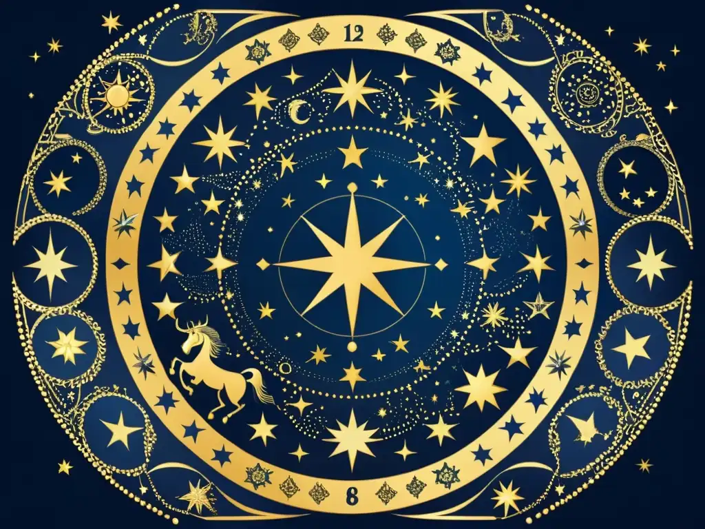 Una ilustración vintage de alta resolución del cielo nocturno con las 12 constelaciones del zodiaco detalladas y brillantes estrellas