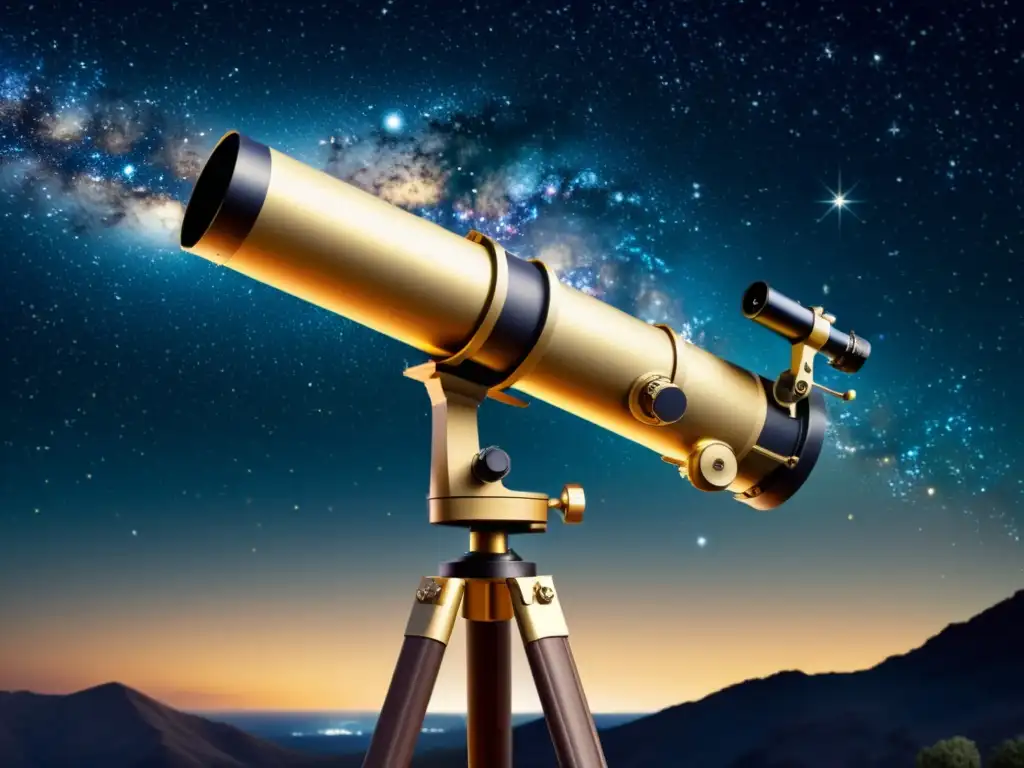 Una ilustración vintage de alta resolución de un telescopio apuntando hacia una galaxia distante, con detalles intrincados del cielo nocturno y estrellas esparcidas en el fondo