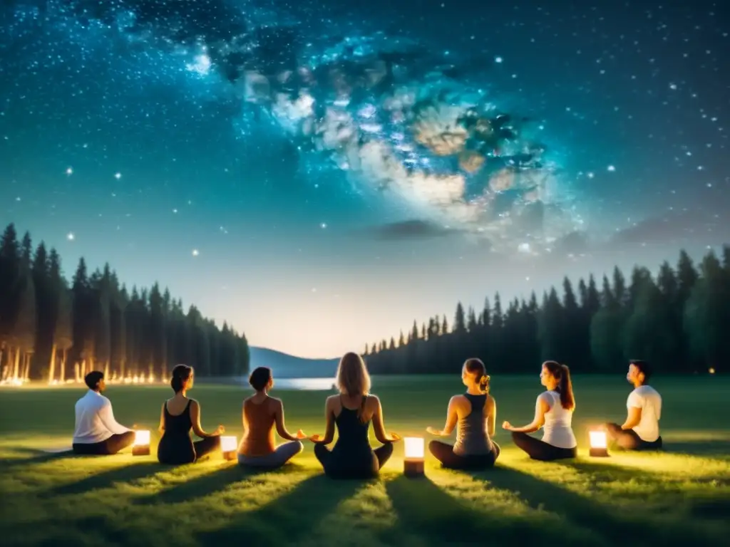 Retiro de Yoga observación estrellas: Personas practicando yoga bajo el cielo estrellado en un ambiente sereno y místico