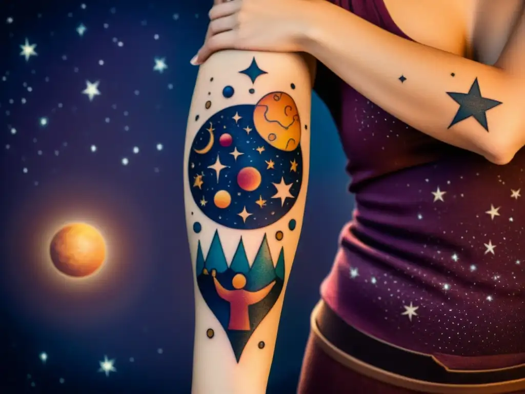 Un retrato vintage de una persona con tatuajes estelares detallados, incluyendo constelaciones y planetas en colores profundos