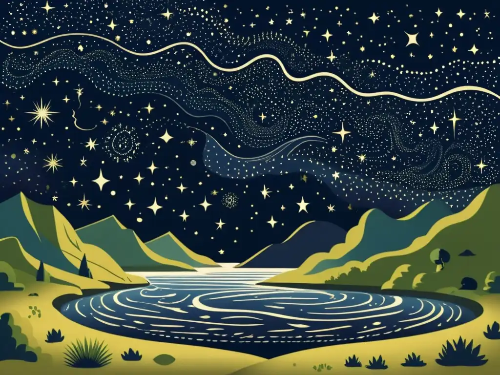 Una ilustración vintage del río Aqueronte en el inframundo, con estrellas y constelaciones brillando en el cielo oscuro