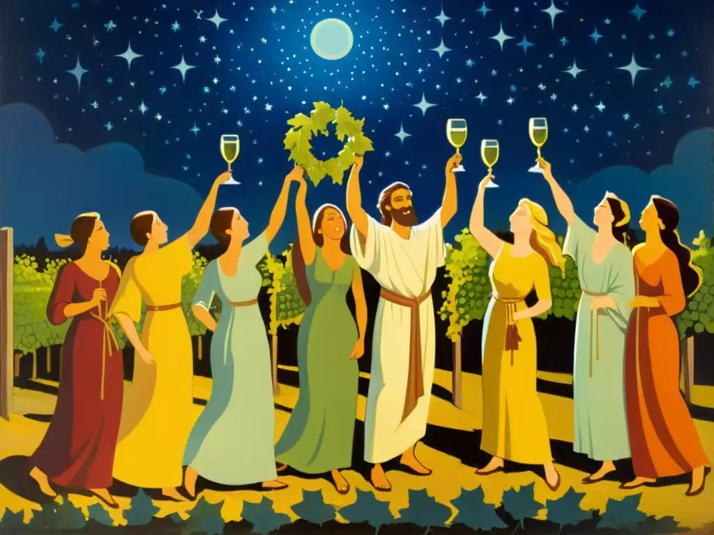 Ritos y mitos del vino Dionisio: Pintura vintage de adoradores jubilosos en un viñedo bajo el cielo estrellado, liderados por Dionisio