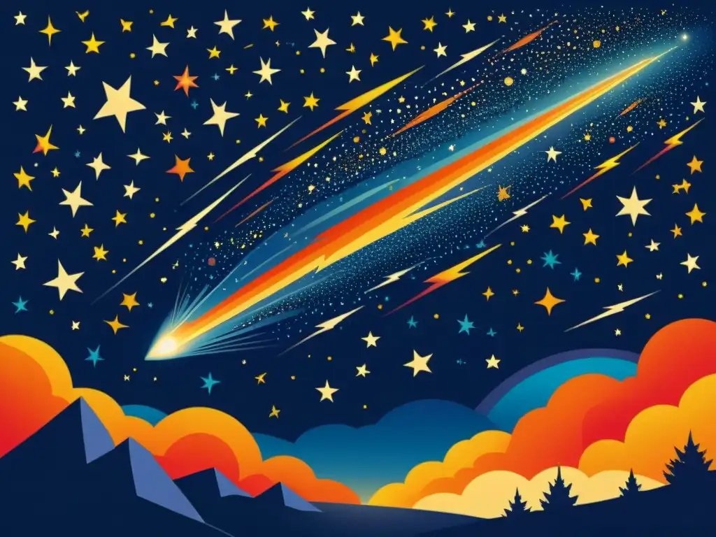 Una ilustración vintage de una roca espacial surcando el cielo nocturno, con colores vibrantes y detalles intrincados capturando la belleza asombrosa de un evento celestial