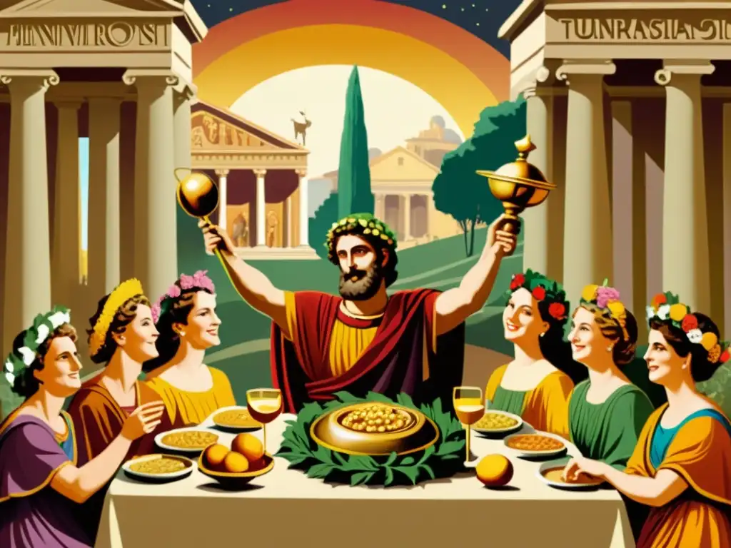 Una ilustración vintage de la celebración romana de Saturnalia, con coloridas túnicas, guirnaldas y arquitectura clásica