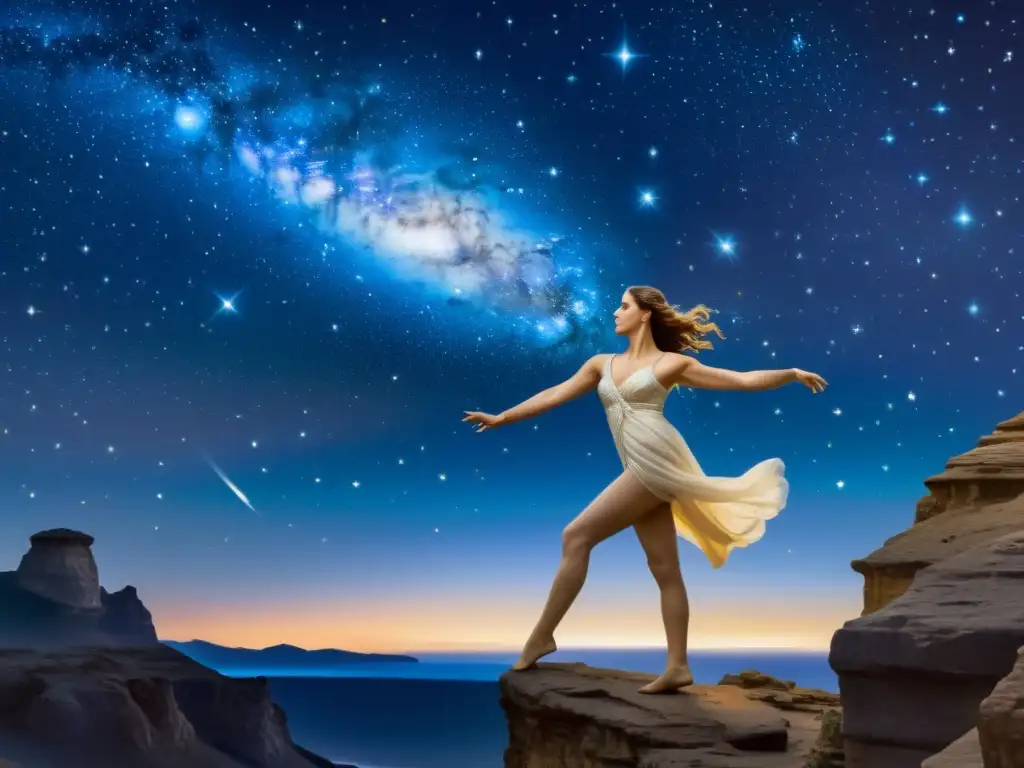 Romance celestial entre Andrómeda y Perseo: Pintura vintage de la constelación, una danza romántica bajo el cielo estrellado