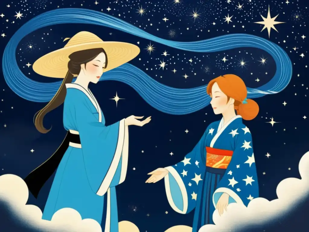 Romance eterno entre Hikoboshi y Orihime, el encuentro celestial a través de la Vía Láctea en una pintura al estilo vintage japonés