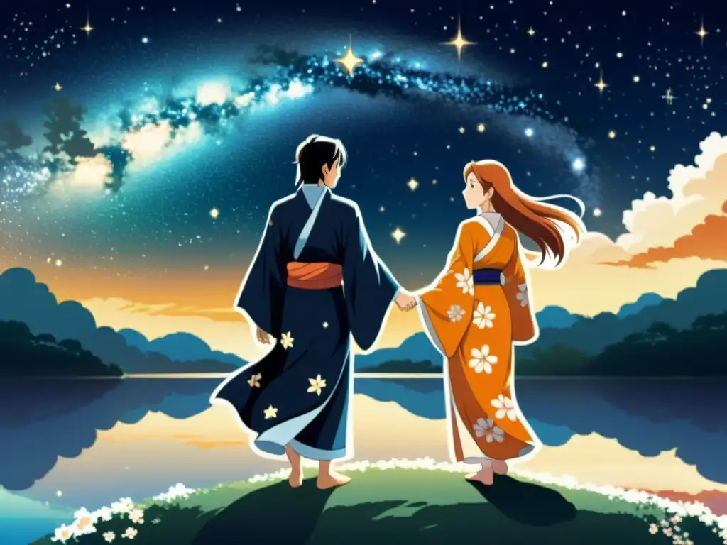 Romance eterno entre Hikoboshi y Orihime, uniendo miradas a través de la Vía Láctea en una ilustración vintage de atmósfera romántica y soñadora