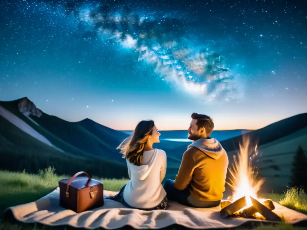 Romántico picnic nocturno bajo las estrellas con pareja, en un entorno vintage iluminado por luces de hadas