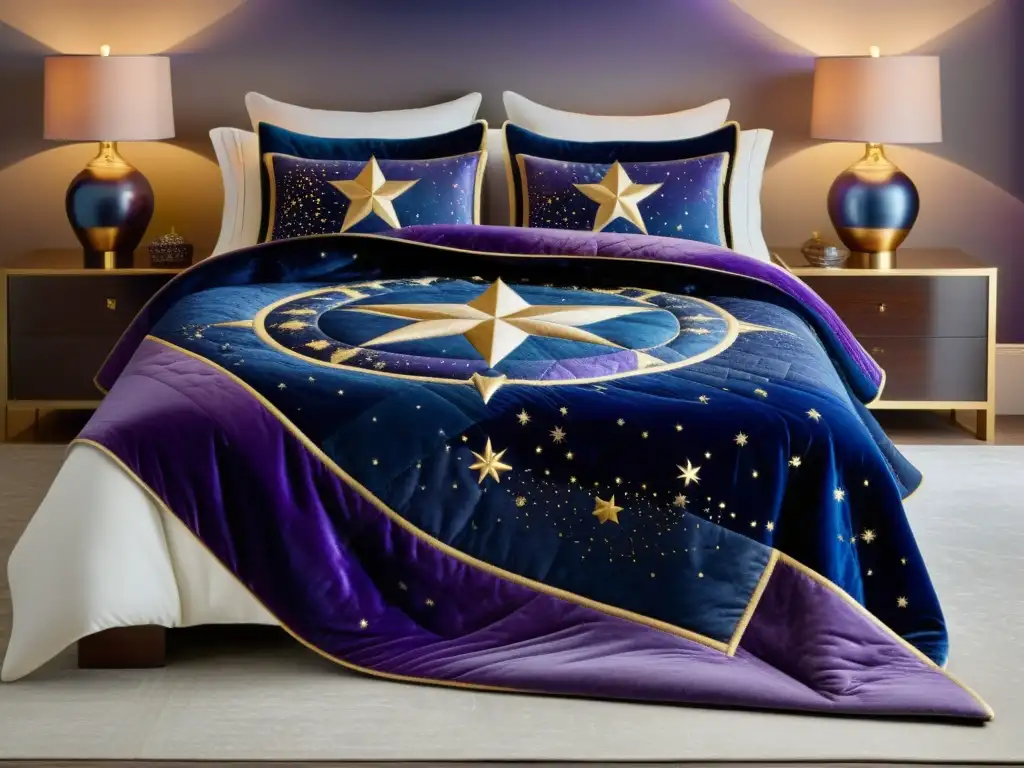 Ropa de cama inspirada en constelaciones: un edredón celestial en tonos azules y morados con bordado dorado, sobre una cama lujosa y celestial