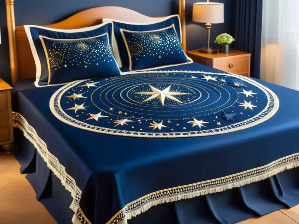 Ropa de cama inspirada en constelaciones: un bordado celestial en tonos azules y negros, semejante al cielo nocturno, sobre una cama antigua