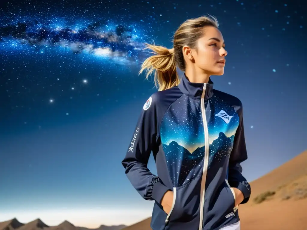 Ropa deportiva motivos astronómicos: Chaqueta running vintage con estampado de la Vía Láctea, sobre hombro de corredor determinado