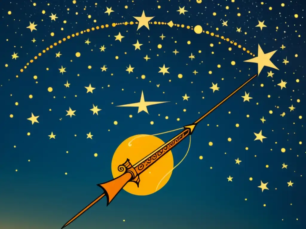 Constelación de Sagitario: Kaus Australis en el arco Una ilustración vintage de la constelación de Sagitario, con la brillante estrella Kaus Australis destacada en el arco del arquero