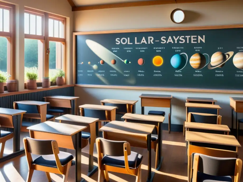 Clase vintage con sistema solar detallado Un salón de clase vintage con escritorios de madera y una pizarra grande al frente