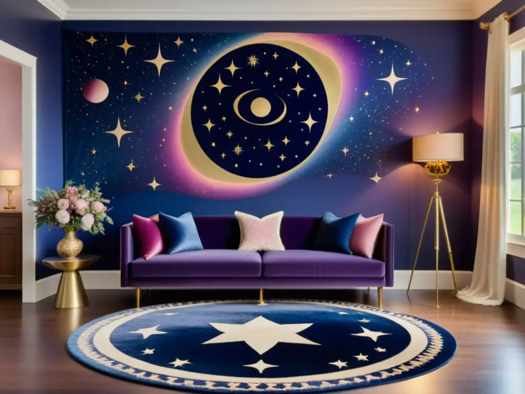 Un salón vintage con textiles inspirados en el cosmos para el hogar, decorado con elegancia celestial y bañado en cálida luz ambiental